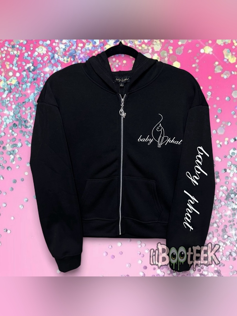 Baby Phat LG Black Fleece Zip Hoodie Sweatshirt with White Front & Arm Logo Y2K